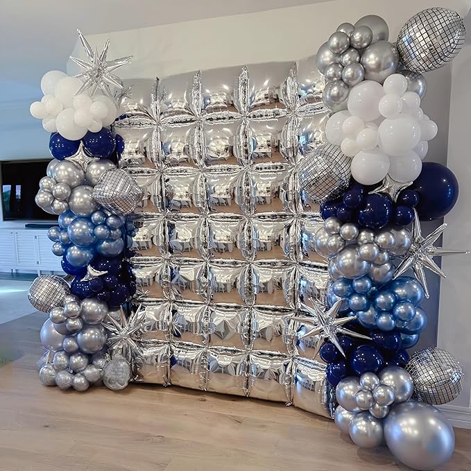 Blue Silver Balloon Arch Kit, Navy Blue Silver White Balloon Garland with Metallic Light blue silver Balloons Star Foil Balloons for Boys Men Birthday Wedding Graduation Baby Shower Party Decoration