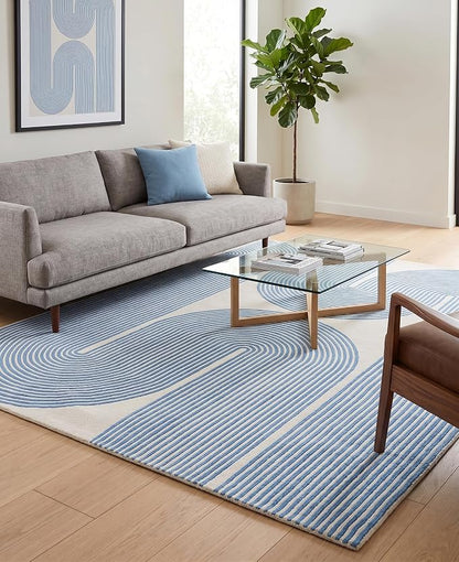 Modern Handmade Wool Area Rug, Abstract Curved Line Geometric Indoor Carpet for Living Room Bedroom, Contemporary Tufted Rug with Soft Pile and Cotton Backing (Sky Blue, 10' x 14')
