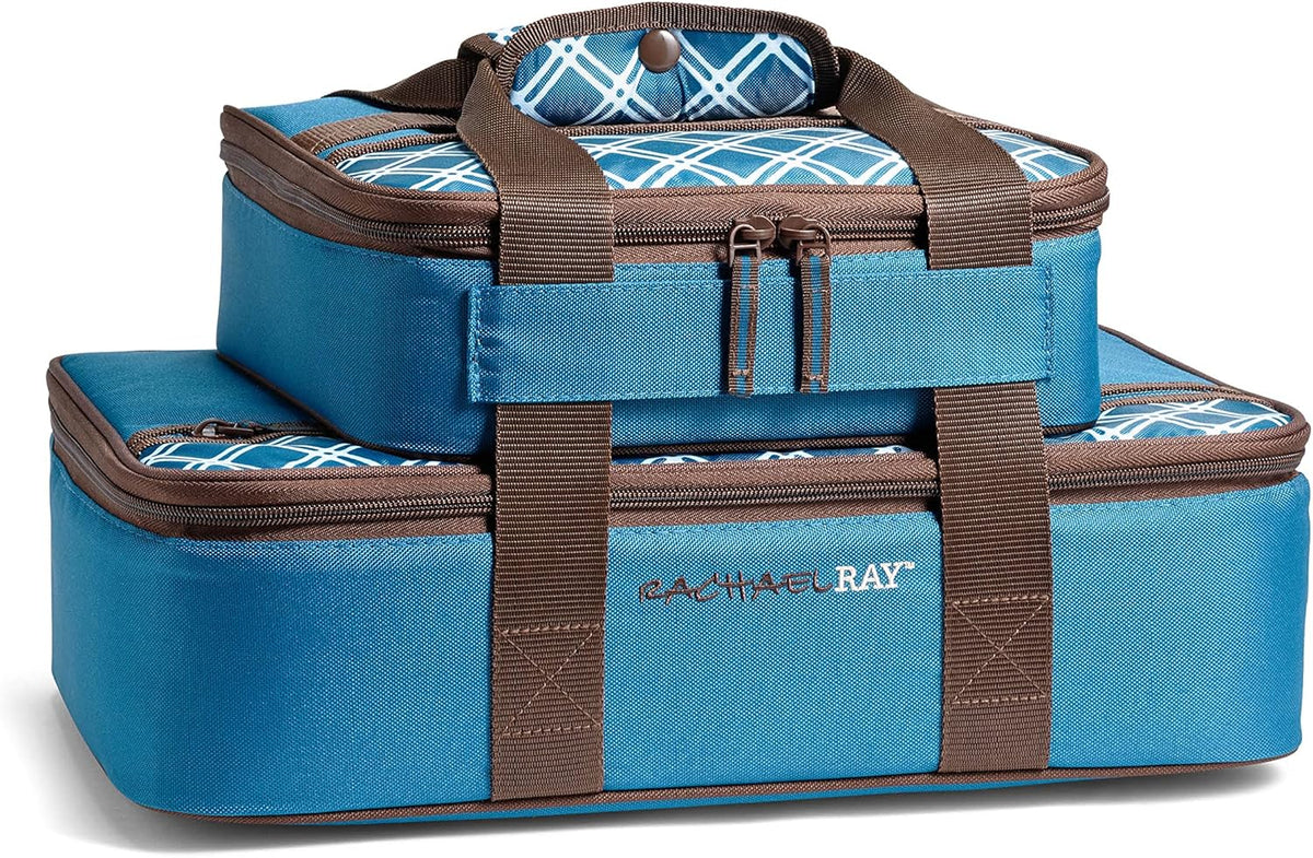 Rachael Ray Lugger Duo, Insulated Casserole Carrier for Hot or Cold Food, Thermal Lasanga Lugger Tote for Pockluck, Parties, Picnic, and Cookouts, Fits 9" x 13" Baking Dish, Blue Plaid