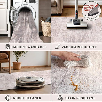 Hazo Haus Washale Modern Bedroom 4x6 Area Rugs - Pink and Grey Rug for Living Room, Kitchen, Non Slip & Soft, Medallion Distressed Print Pattern
