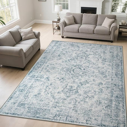 Light Blue 6x9 Area Rug Machine Washable for Living Room, Distressed Non Slip Rugs for Bedroom, Traditional Indoor Retro Floral Accent Vintage Carpet for Office Dining Room, Dorm