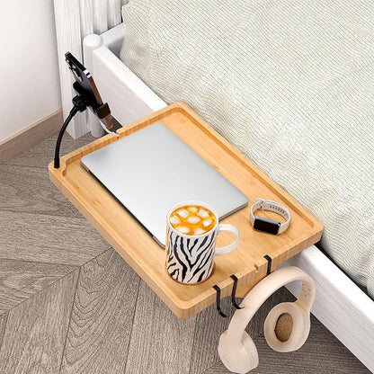 Bedside Shelf for Dorm Bed & Top Bunk, Bamboo Bed Side Table Tray with Cup Phone Holder & Hooks, Bedside Caddy, Clip on Nightstand Bedside Storage College Dorm Room Essentials (Bamboo)