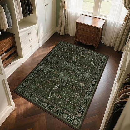 8x10 Washable Area Rug for Living Room, Non Slip Vintage Floral Print Rugs No Shedding, Distressed Thin Retro Accent Carpet for Bedroom Nursery Farmhouse Dining Room Dark Green