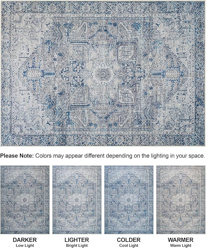 Bloom Rugs Washable Non-Slip 3' x 5' Rug - Blue/Gray Traditional Area Rug for Living Room, Bedroom, Dining Room, and Kitchen - Exact Size: 3' x 5'