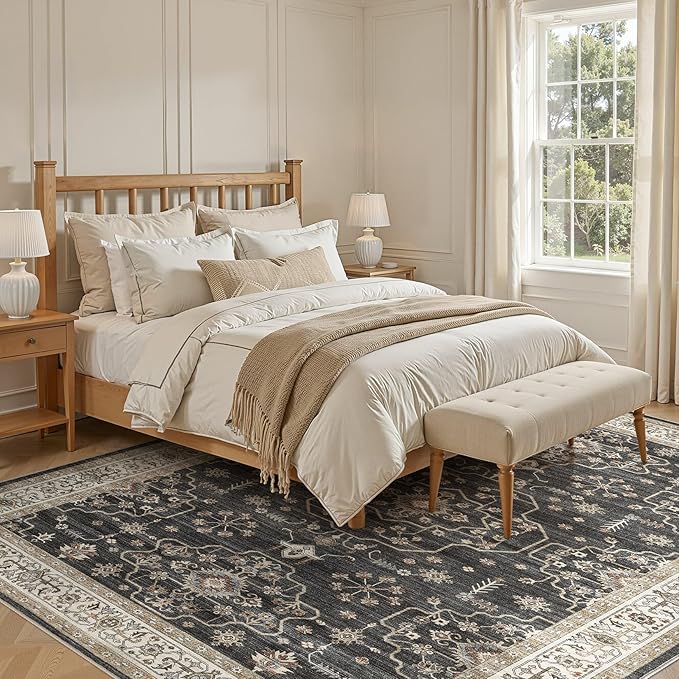 Area Rug for Living Room - 5x7 Soft Washable Oriental Vintage Floral Distressed Large Carpet - Fade Stain Resistant Non Slip Rugs for Bedroom Dining Room Nursery Dorm Office Home Decor - Black