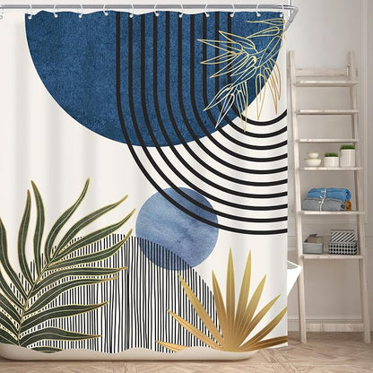 KOMLLEX Mid Century Blue Green Boho Shower Curtain 60Wx72L Inches Abstract Modern Shower Curtains for Bathroom Decor Plant Botanical Minimalist Arch Sun Fabric Liner Waterproof Polyester 12 Pack Hooks