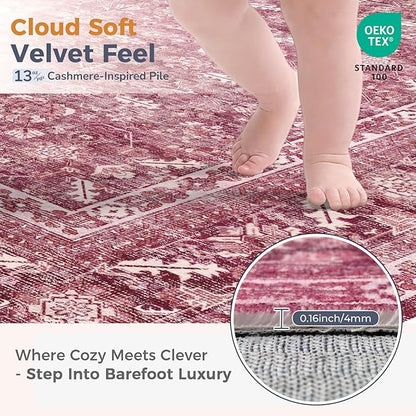 OPPODREAM Vintage Hot Pink 2x10 Runner Rug, 2 x 10 Retro Washable Rug Non Slip, Low-Pile Faux Wool Carpet, Distressed Floor Mat for Kitchen, Hallway, Entry-Way, Entrance, Indoor Back Door