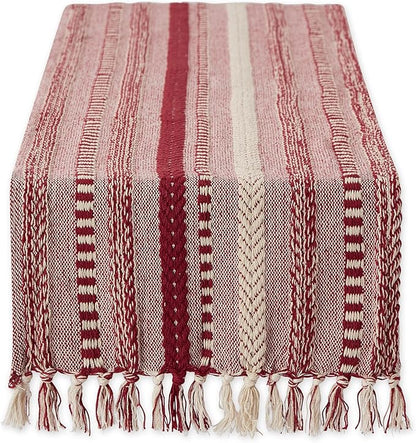 DII Farmhouse Braided Stripe Table Runner Collection, 15x108 (15x113, Fringe Included), Barn Red