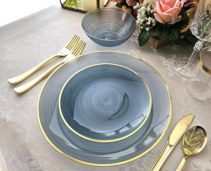 OCCASIONS 50 Plates (25 Guests) Blue and Gold Disposable Plastic Plate Set for Wedding Party - 25x10'' Dinner + 25x7'' Salad - Belize in Blue & Gold