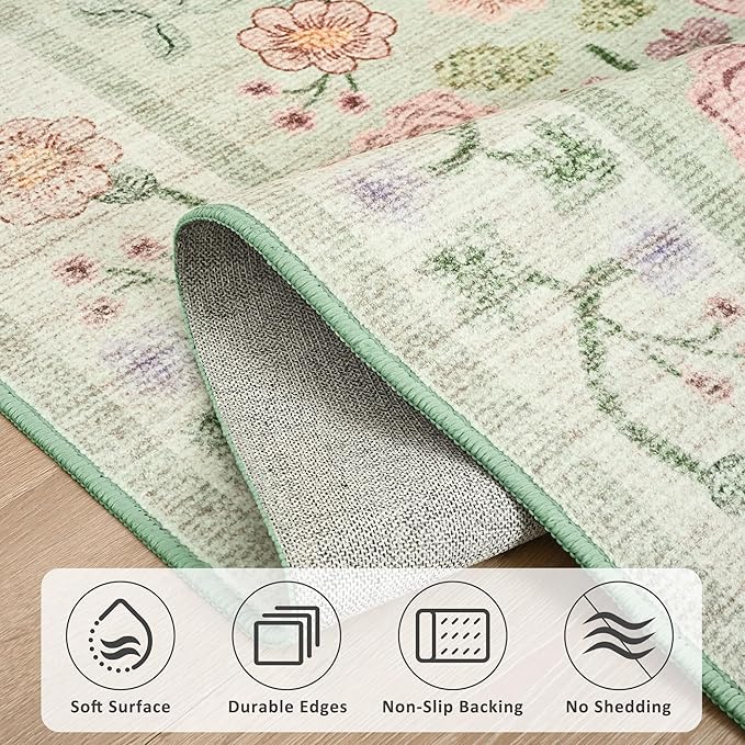 Maxsoft 8x10 Area Rugs for Living Room Bedroom, Floral Vintage Large Rug with Rubber Backing: Soft Non-Slip and Washable Low Pile Throw Carpet for Dining Room Kitchen Home Decor, Green