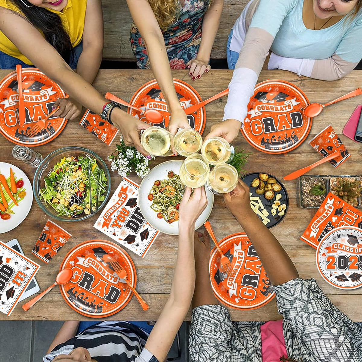 Graduation Decorations Class of 2025 - Orange Graduation Party Supplies 2025 Include Plates, Cups, Napkins, Cutlery, 24 Guests
