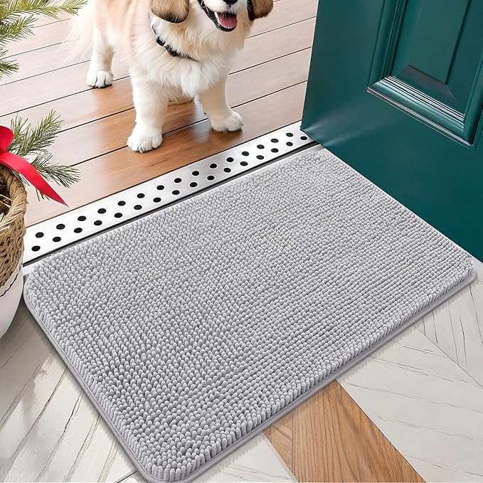 OLANLY Dog Door Mat for Muddy Paws 24x16, Absorbs Moisture and Dirt, Absorbent Non-Slip Washable Doormat, Quick Dry Chenille Mud Mat for Dogs, Entry Indoor Entryway Carpet for Inside Floor, Light Grey