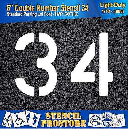Pavement, Curb, and WheelStop Stencils - 6 inch Double Number Stencil - (34) - 6" x 9" x 1/16" (63 mil) - Light-Duty