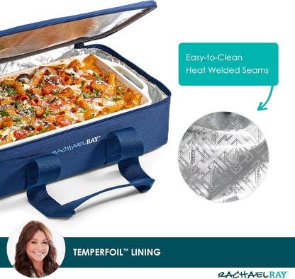 Rachael Ray Lugger Duo, Insulated Casserole Carrier for Hot or Cold Food, Thermal Lasanga Lugger Tote for Potluck, Parties, Picnic, and Cookouts, Fits 9" x 13" Baking Dish, Navy Gingham