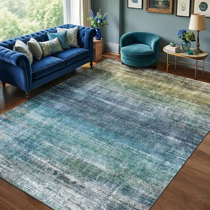 Kokia Abstract Teal Area Rugs 8x10 Bedroom Soft Living Room Rugs Washable Distressed Vintage Comfy Carpet with Non-Slip Backing for Farmhouse Home Office Room Decor, Blue and Green