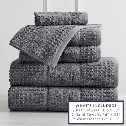 Market & Place 100% Cotton Super Soft Luxury Towel Set | Quick-Dry and Highly Absorbent | Waffle Textured | 550 GSM | 2 Bath Towels, 2 Hand Towels, & 2 Washcloths | Harper Collection (Dark Grey)