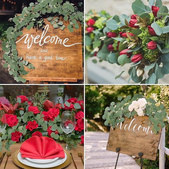 Sggvecsy 8Pcs Artificial Eucalyptus Garland Greenery Leaves Silk Vines Silver Dollar Leaves Faux Leaf Plants for Wedding Wall Table Party Home Fireplace Bedroom Decor
