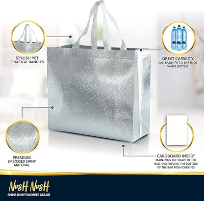 Nush Nush Silver Gift Bags Large Size – Set of 30 Reusable Silver Gift Bags With Handles- Metallic Party Favor Bag In Bulk For Small Business Use In Gifting Events, Christmas, Birthdays - 13Wx5Dx11H