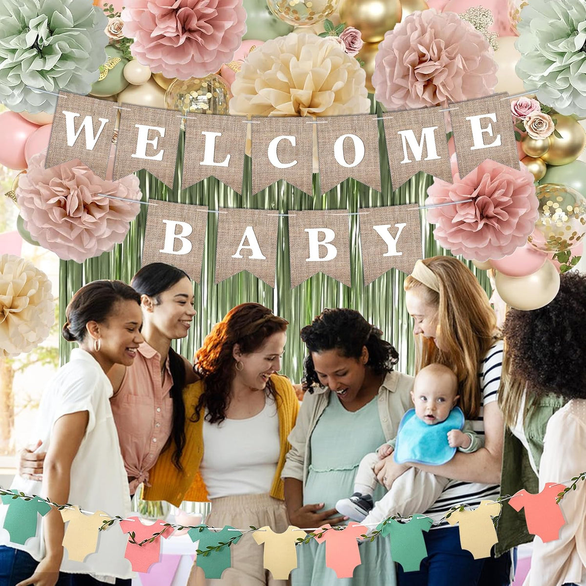 Pink Green Baby Shower Decorations Girls with Welcome Baby Banner, Paper Pom Poms, Sweet-Girl Baby Cake Topper, Retro Olive Pink Metallic Balloon Décor for Easter Jungle Safari Fairy Baby Shower Party
