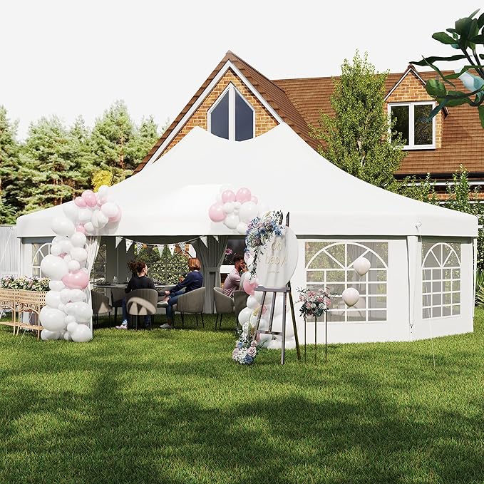 Outsunny 29 x 21 ft Party Tent, Outdoor Wedding Tent with Sidewalls, 2 Doors and 8 Windows for Party, White