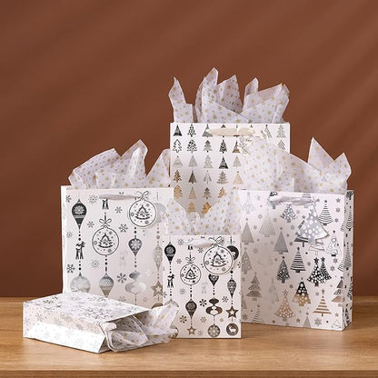 SHIPKEY 12 Pack Gift Bags, Large Silver Paper Bags 10x4x13 Inches with Tissue Paper, for Christmas Presents