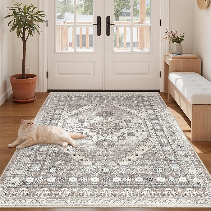 zesthome 3x5 Area Rug Ultra Soft Washable Rug, Non Slip Area Rug Indoor Entrance, Stain Resistant Rugs for Living Room Bedroom Vintage Home Decor (Brown/Beige,3'x5')