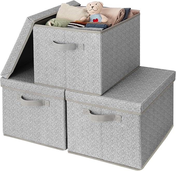 GRANNY SAYS Fabric Boxes with Lids, Storage Bins with Handles, Shelf Bins for Organizing, Extra Large Storage Boxes for Linens Clothes, Decorative Storage Containers, Gray, 3-Pack