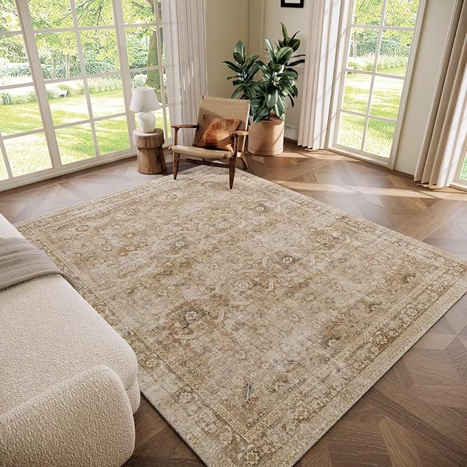 Washable 6x9 Area Rugs for Living Room, Boho Non-Slip Vintage Distress Large Rugs for Bedroom Dining Room Nursery Office, 0.3" Neutral Oriental Throw Thin Carpet, Brown/Multi, C1