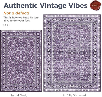 OPPODREAM Vintage Purple 3x10 Runner Rug, 3 x 10 Retro Washable Rug Non Slip, Low-Pile Faux Wool Carpet, Distressed Floor Mat for Kitchen, Hallway, Entry-Way, Entrance, Indoor Back Door