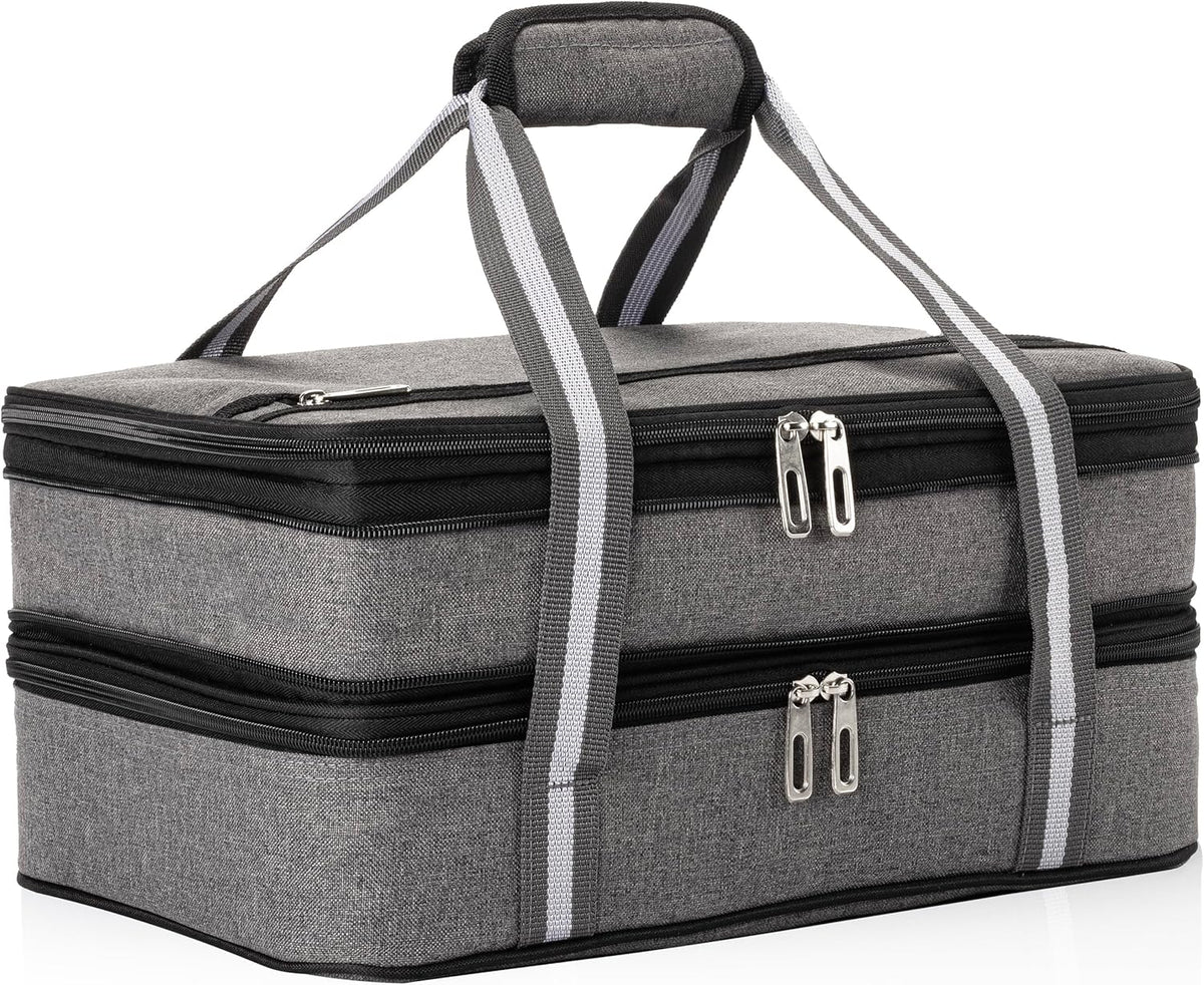 Stack Store Plus More Insulated Casserole Carrier for Hot or Cold Food, Lasagna Holder for Picnic, Potluck, Cookout - Fits 9” x 13” and 11” x 15” Baking Dish – Expandable Double Thermal Bag in Gray