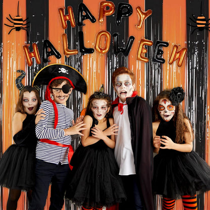 Melsan Halloween Decorations Tinsel Backdrop Foil Fringe Curtains, 3.2 ft x 8.2 ft Black Orange Metallic Foil Curtains for Halloween Party Photo Booth Props Decorations, 2 Pack