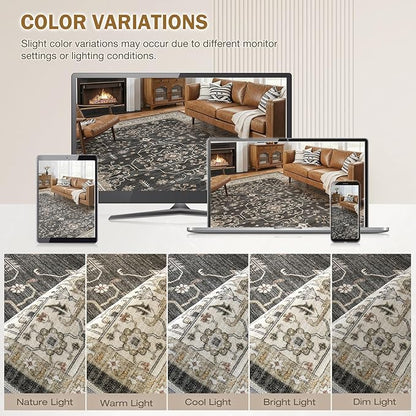Area Rug for Living Room - 5x7 Soft Washable Oriental Vintage Floral Distressed Large Carpet - Fade Stain Resistant Non Slip Rugs for Bedroom Dining Room Nursery Dorm Office Home Decor - Black