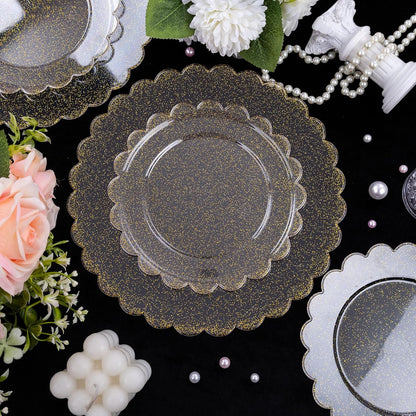 LIYH 60 Pcs Gold Glitter Plastic Scalloped Plates - Disposable Heavyduty Combo Plastic Plates Dishes Included 30 Dinner Plate 30 Dessert Plate for Weddings Party Birthday