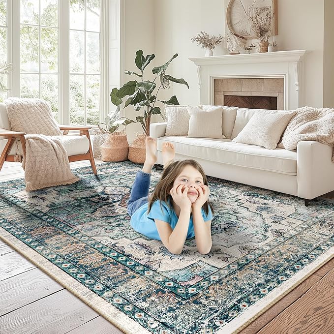 BESTSWEETIE 9x12 Area Rug Washable Rugs for Living Room, No Pile Boho Carpet for Entryway Bedroom Dinning Room, Vintage Carpet Print Distressed Non-Slip, 9 x 12 ft, Green