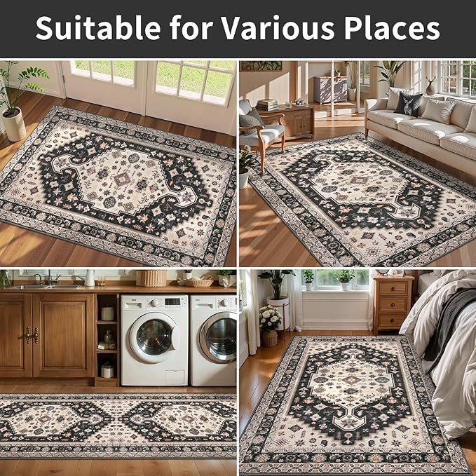 Tangsoo 2x3 Rugs for Entryway, Vintage Washable Indoor Area Rug,Boho Non-Slip Soft Low-Pile Small Entry Rug Door Mat Black and Gold Entrance Carpets for Kitchen Bathroom Bedroom