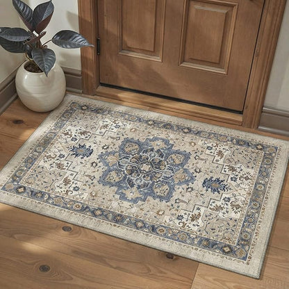 GENIMO 8x10 Area Rugs for Living Room, Machine Washable Rug, Non Slip Indoor Vintage Carpet, Low Pile Lightweight Chenille Print Carpet for Bedroom Dining Room Home Office, Blue Cream