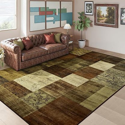 Tepook Modern Area Rug for Living Room, 6x9 Geometric Large Rugs for Bedroom, Washable Patchwork Rug Indoor Non-Slip Throw Carpets for Dining Room Office Farmhouse Home Decor, Brown