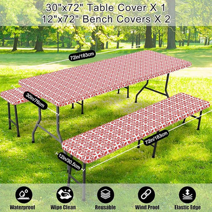 Smiry Picnic Table Cover with Bench Covers, Waterproof Elastic Fitted Tablecloth for 6 Foot Tables, Washable Polyester Tablecloths for Camping, Indoor & Outdoor (Rose Red & White, 30x72 Inch 3-pc Set)