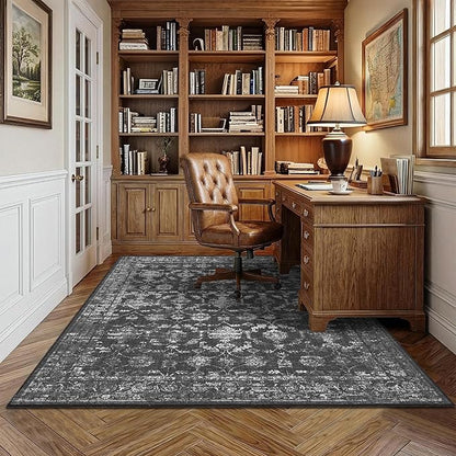 4x5 Black Washable Area Rugs for Living Room Vintage Boho Non Slip Rug Distressed Floral Carpet Indoor Retro Soft Low Pile Farmhouse Throw Rug for Bedroom Dining Room Nursery Office