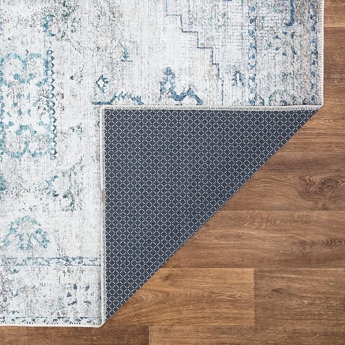 Bloom Rugs Washable Non-Slip 12 ft Runner - Teal/Beige Traditional Runner for Entryway, Hallway, Bathroom, and Kitchen - Exact Size: 2.5' x 12'