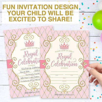 Hadley Designs Kids Birthday Invitations Girl Princess Theme - 25 Royal Birthday Party Invitations For Girls, Princess Invites For Girls, Cute Party Supplies, Made in USA