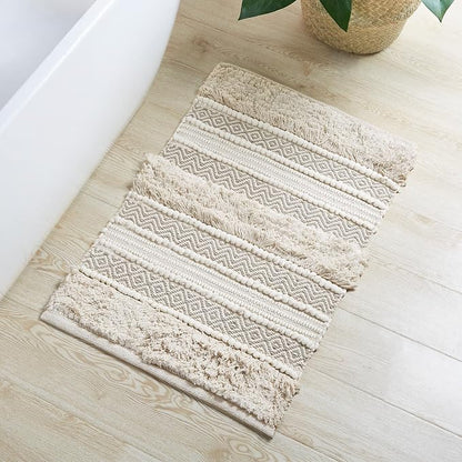 Ink+Ivy Bath Rug Hand-Woven Texture Shaggy Striped Soft & Water Absorbent, Boho Bathroom Décor Bath-Mats, Non-Slip Absorbent Quick Dry Mats for Tub, Shower Room, Asher, 20x32 Natural