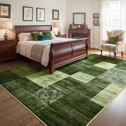 Tepook 8x10 Green Area Rugs for Living Room, Modern Large Geometric Rug for Bedroom, Washable Patchwork Rug Indoor Non Slip Throw Carpets for Dining Room Office Farmhouse Home Decor