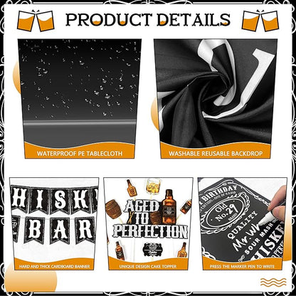 Whiskey Birthday Decorations for Men Aged to Perfection Birthday Party Supplies with Backdrop Tablecloth Whiskey Bar Banner Balloon Garland Poster for Men Adult Beer Party Decor