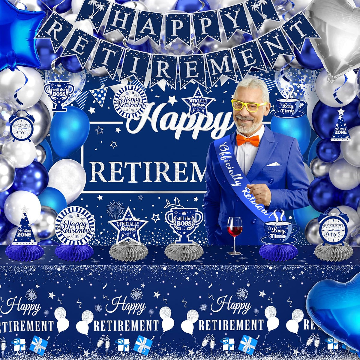 Retirement Party Decorations for Men Women 109Pcs Blue Silver Happy Retirement Decorations Include Banner Backdrop Balloons Sash Hanging Swirls Pompoms Tablecloth Honeycomb Centerpiece(Blue Silver)