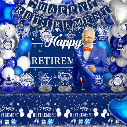Retirement Party Decorations for Men Women 109Pcs Blue Silver Happy Retirement Decorations Include Banner Backdrop Balloons Sash Hanging Swirls Pompoms Tablecloth Honeycomb Centerpiece(Blue Silver)