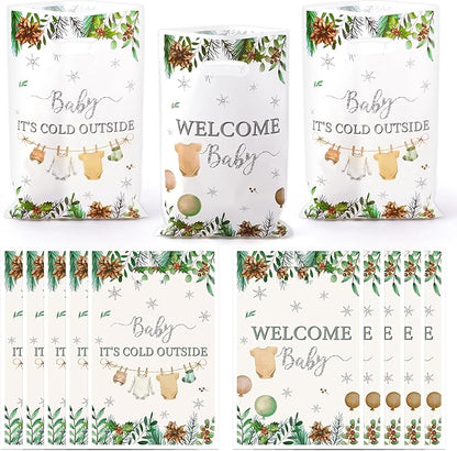 Haooryx Winter Baby Shower Party Favor Bags - 50Pcs Baby It Cold Outside Plastic Goodie Candy Treat Bag with Handle Gift Wrap Decor for Kid Birthday Baby Shower Christmas Decoration Party Favor Supply