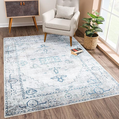 Bloom Rugs Washable Non-Slip 4' x 6' Rug - Teal/Beige Traditional Area Rug for Living Room, Bedroom, Dining Room, and Kitchen - Exact Size: 4' x 6'