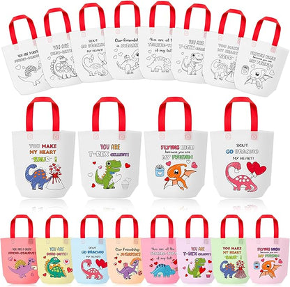 Valentine Coloring Goodie Bags for Kids - 24Pcs Dinosaur Bulk Color Your Own Gift Bags with Handle Valentine's Day Reusable Coloring Non Woven Tote Bag for DIY Craft Painting Party Favor Supplies