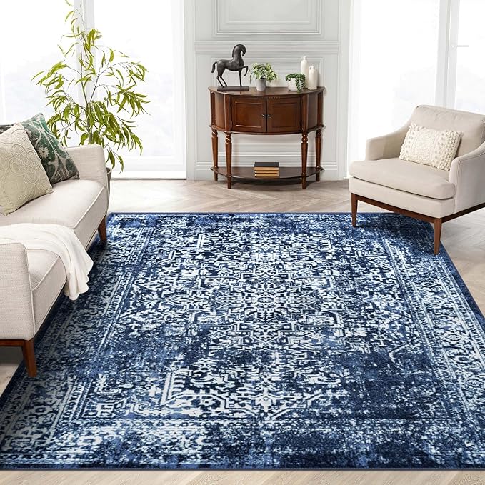 vivorug 6x9 Area Rugs, Stain Resistant Washable Rug for Living Room, Vintage-Inspired (Navy Blue, 6'x9')